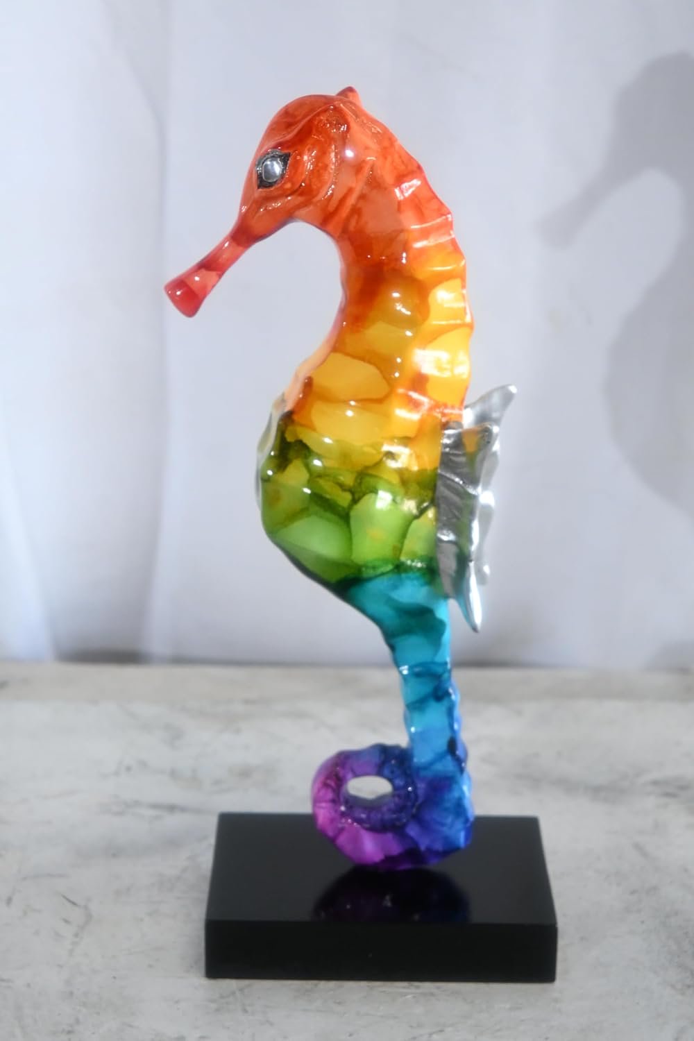 Rainbow Seahorse Figurine on Base Painted Aluminum Decor 6"x4"x15"H