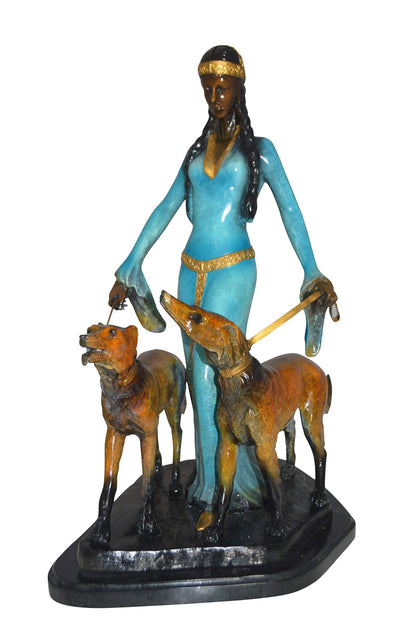 Lady with Her Two Dogs Bronze Statue -  Size: 18"L x 12"W x 23"H.
