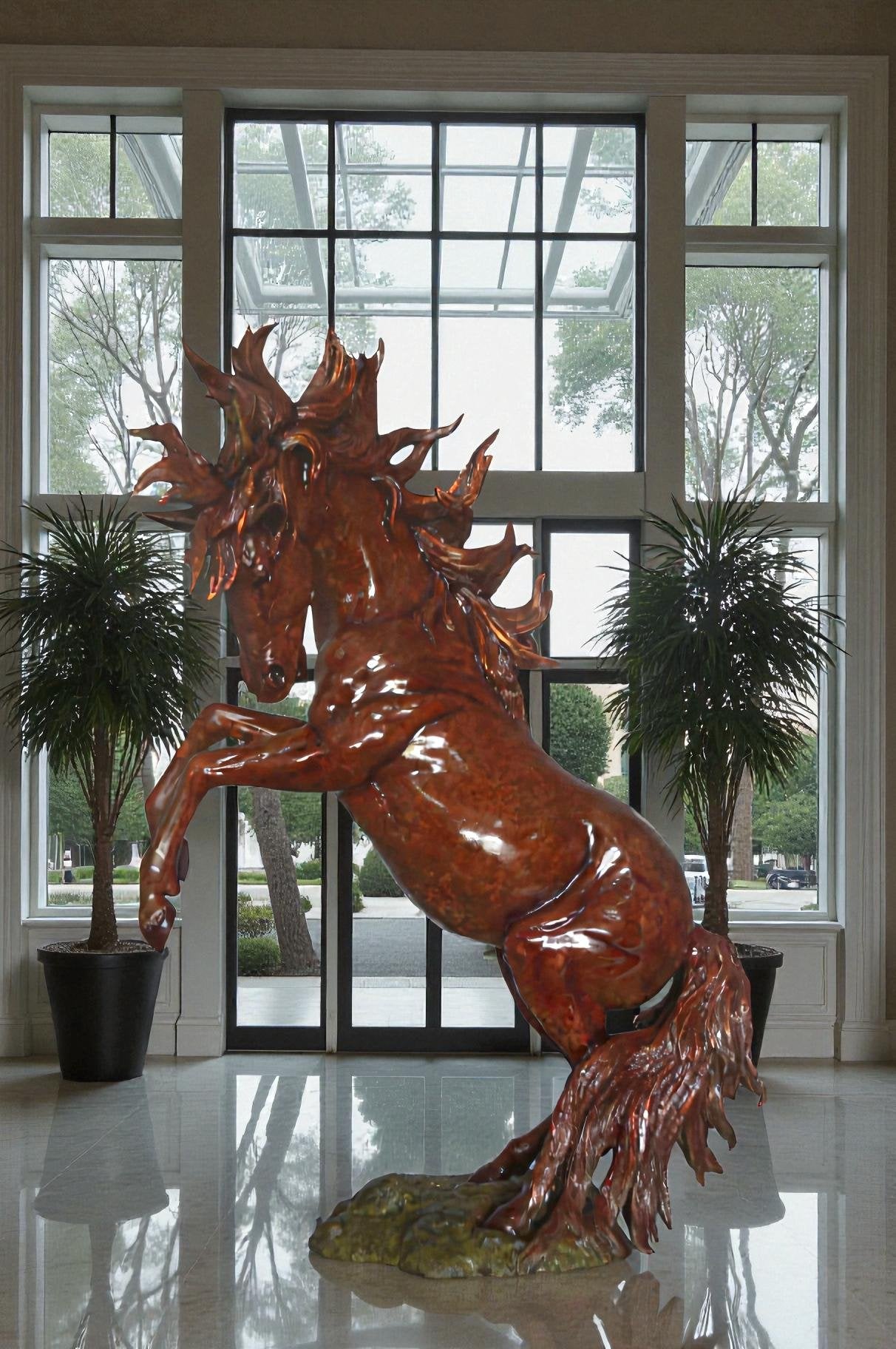 Large Rearing Horse  Red Finished Bronze Statue -  Size: 34"L x 21"W x 46"H.