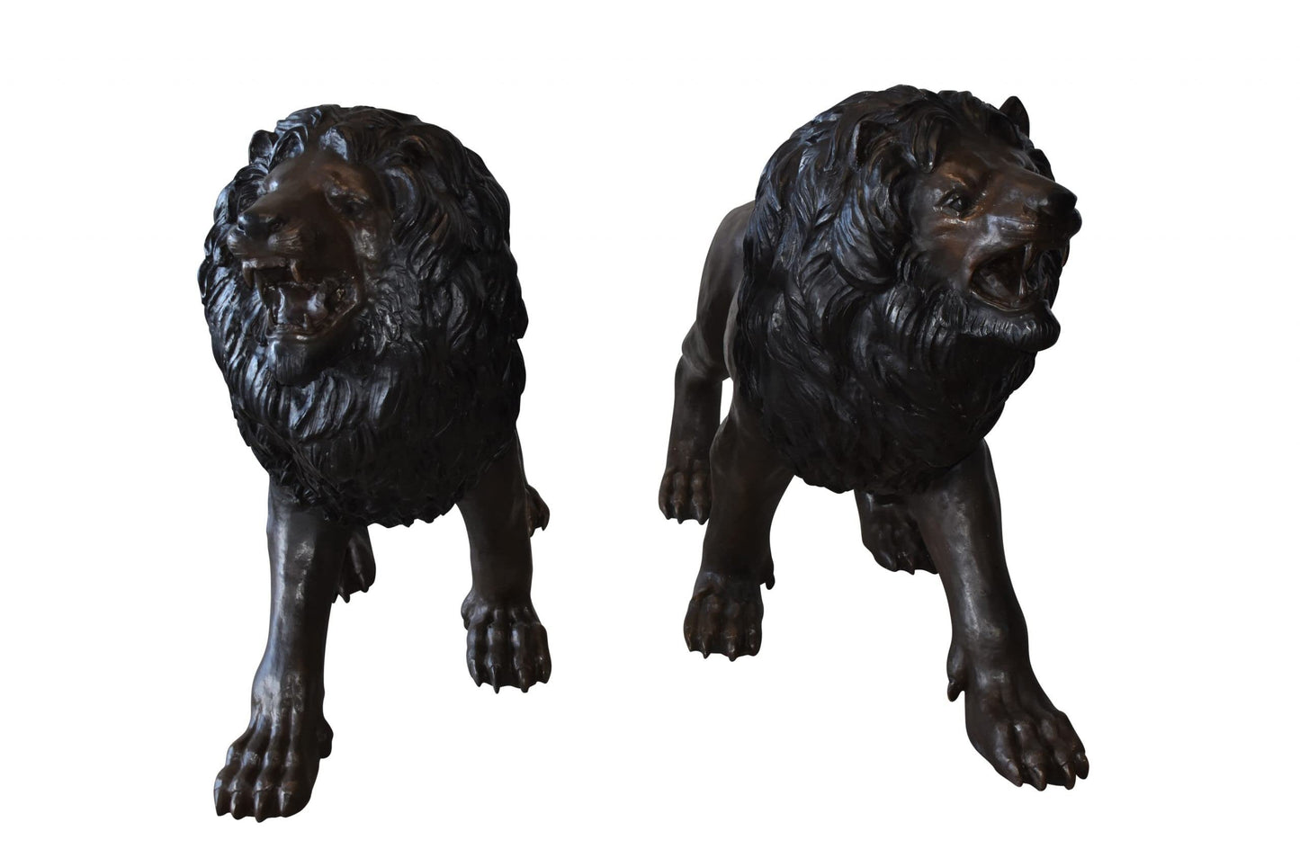 A Pair of Large Lions Walking Side by Side Bronze Statues Size: 24" x 60" x 41"H