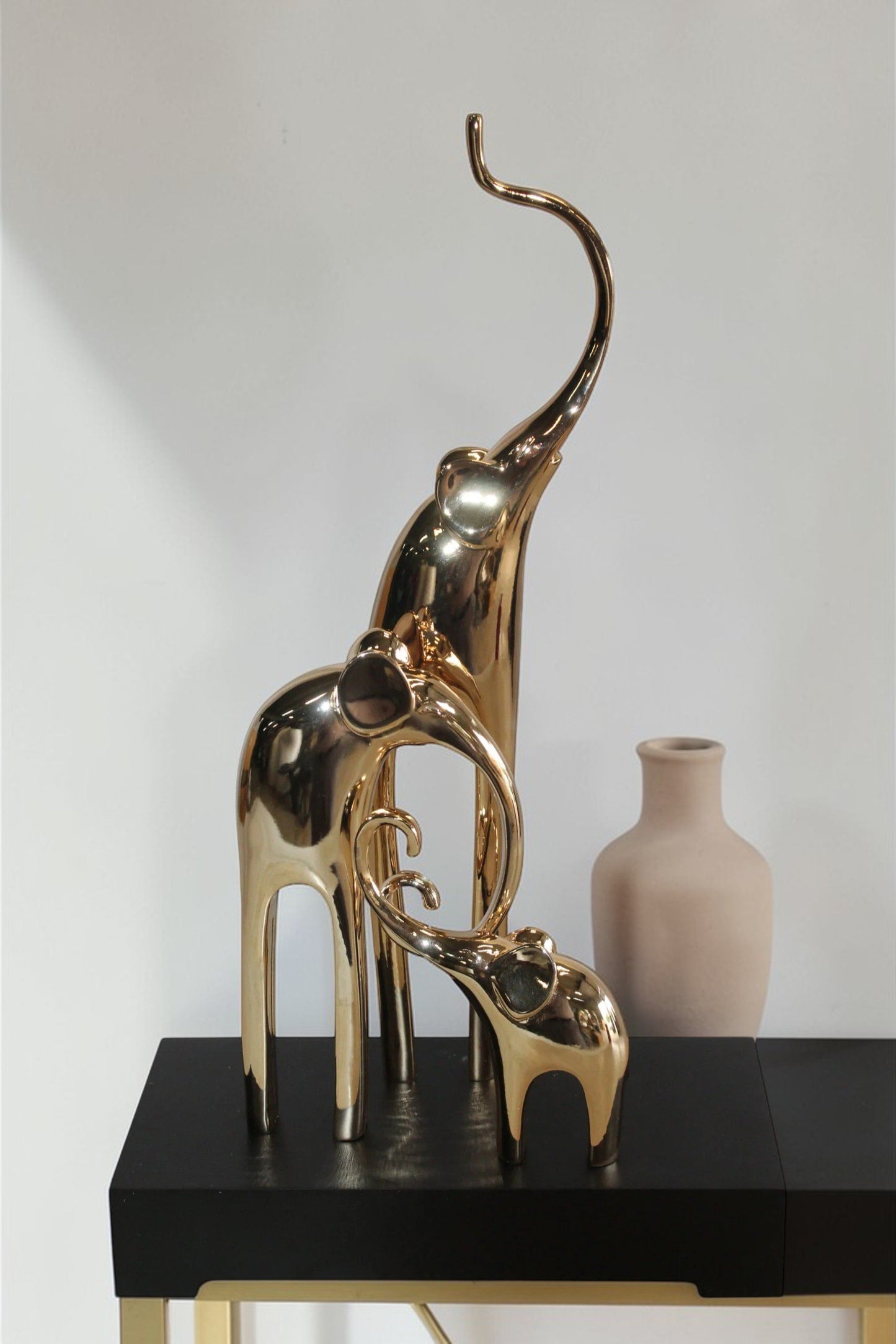 Gold Elephant Family Resin Statue on Black Base 11" x 5" x 8"H