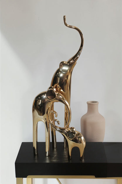 Gold Elephant Family Resin Statue on Black Base 11" x 5" x 8"H