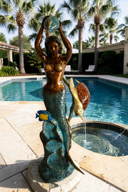 Mermaid With Clown fish and Turtle Bronze Fountain Statue 32" x 19" x 60"H
