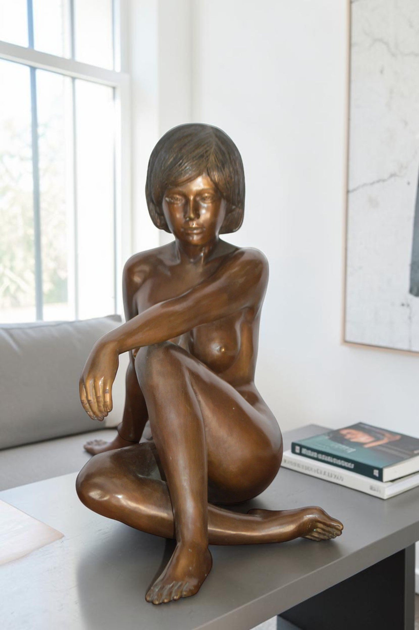 Young Lady Sitting Nude Bronze Statue Art Nude -  Size: 10"L x 18"W x 15"H.