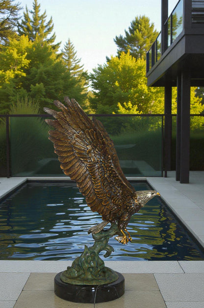 Eagle Catching His Prey from Water Bronze Statue -  Size: 14"L x 13"W x 26"H.