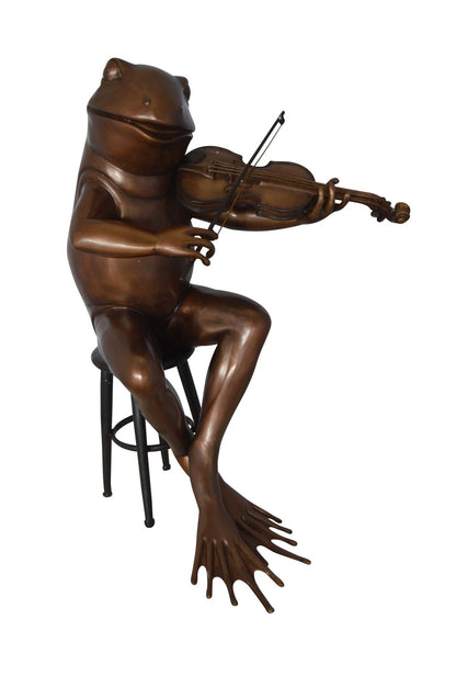 Nifao Human-Size Bronze Frog Playing Violin Statue – Whimsical Animal Musician Sculpture on Chair, Indoor/Outdoor Decor - 29" L x 18" W x 29" H