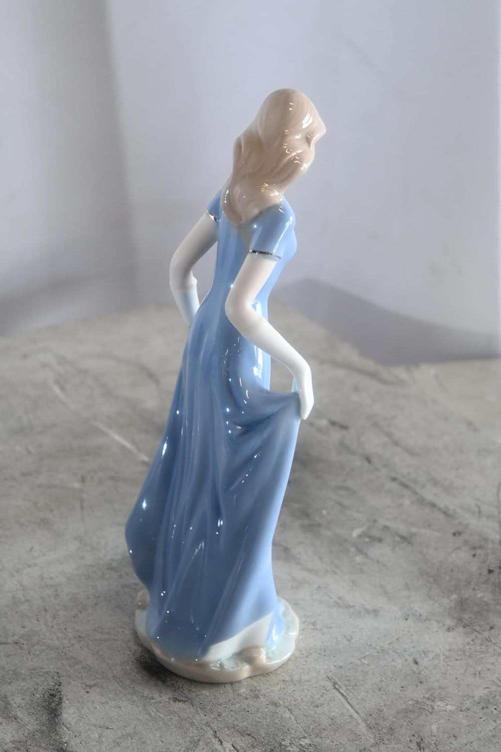 Porcelain Elegant Lady Blue Gown with White Puppy Statue 5"x4"x11"H