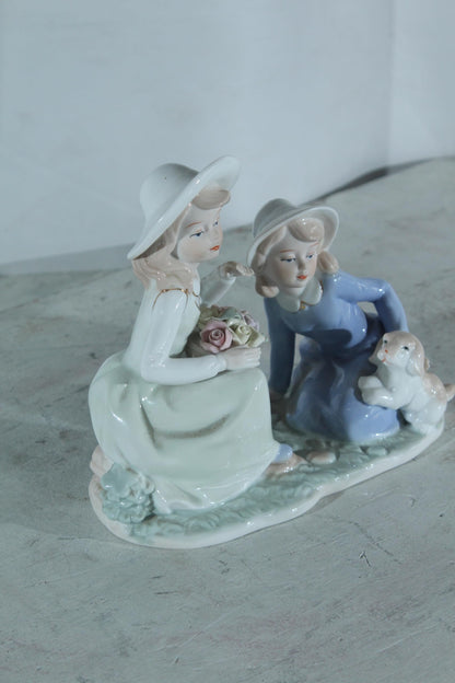 NIFAO Porcelain Figurine Two Girls with Puppy and Flowers 9"x4"x8"H