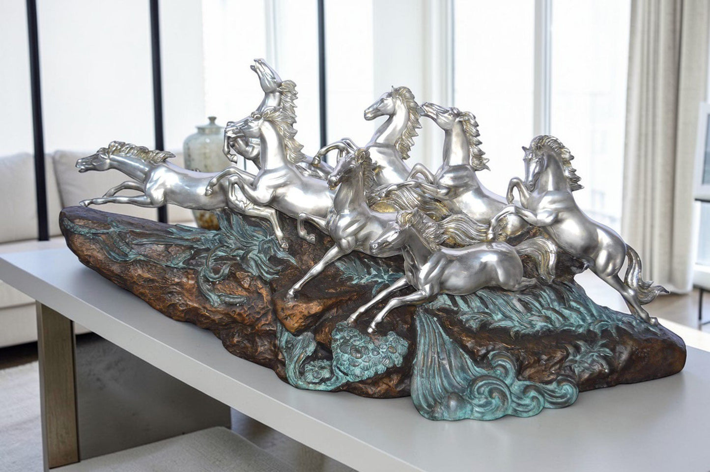 Eight Horses Running Bronze Statue Silver Finish -  Size: 59"L x 20"W x 28"H.