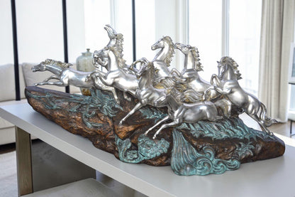 Eight Horses Running Bronze Statue Silver Finish -  Size: 59"L x 20"W x 28"H.