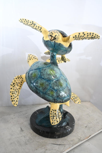 Two Sea Turtles Bronze Sculpture Vertical Swimming 23"x16"x28"H