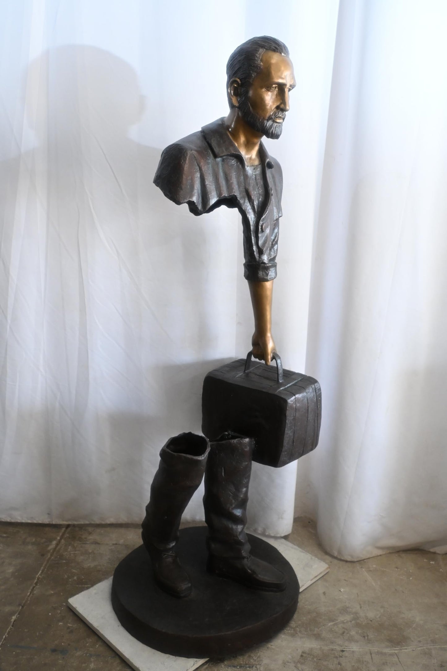 Bronze Salesman Statue with Suitcase Abstract Figurine 24"x27"x71"H