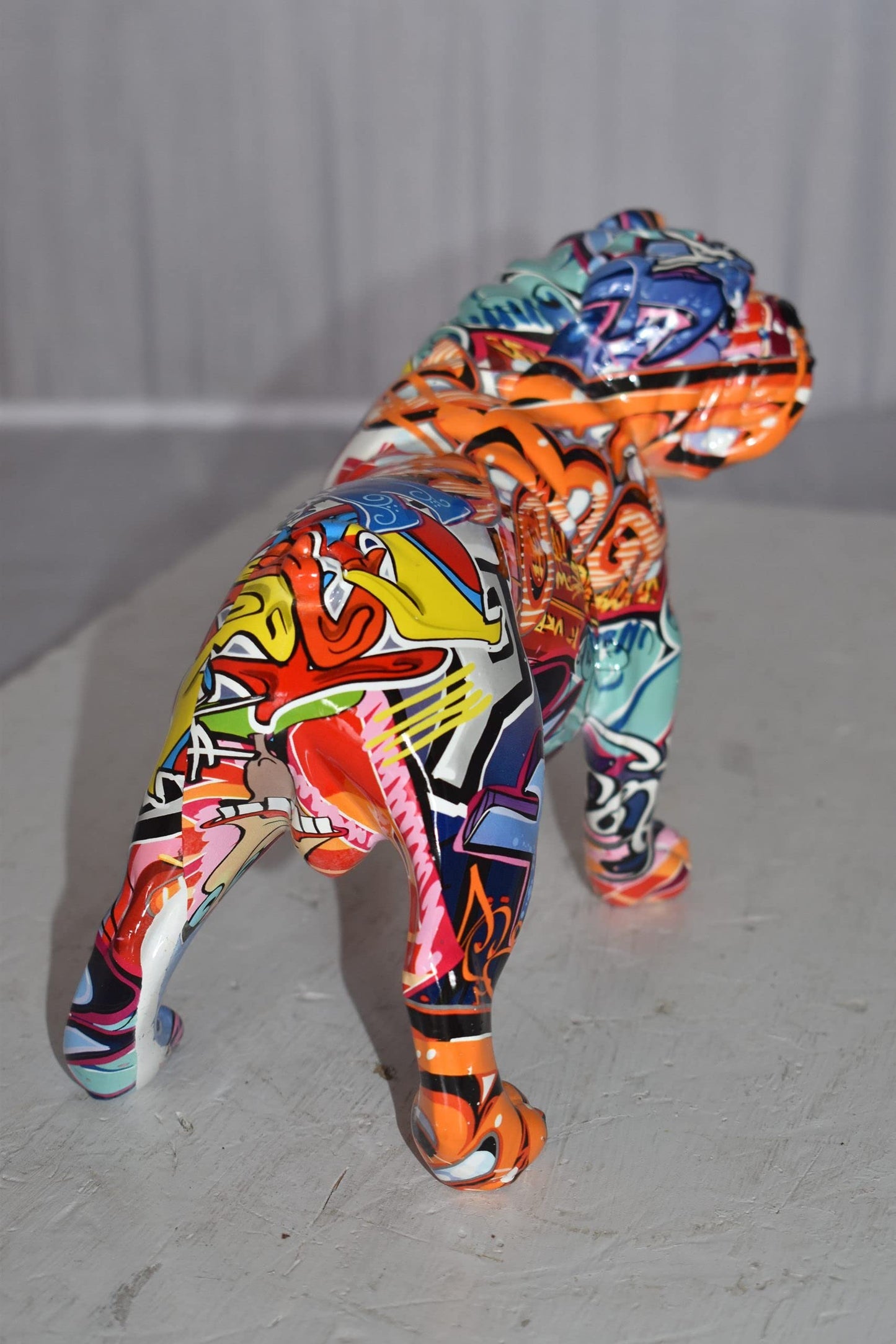 Modern Happy Graffiti Resin Bulldog Statue Looking to the Right  10" x 5" x 7"H