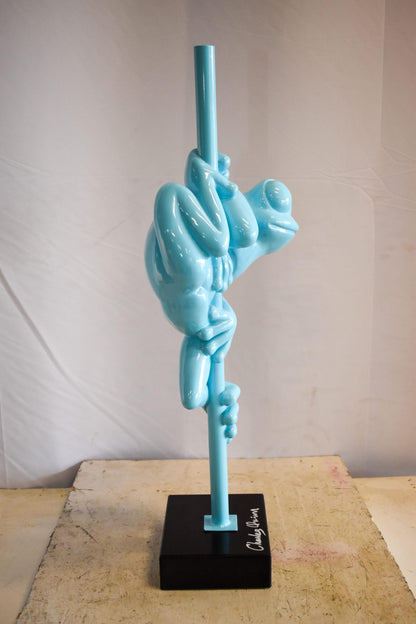 Modern Light Blue Lively Frog on Branch Resin Statue 10" x 8" x 28"H
