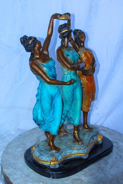 Three Dancing Ladies, Colorful Bronze Statue on a marble base 15" x 10" x 23"H