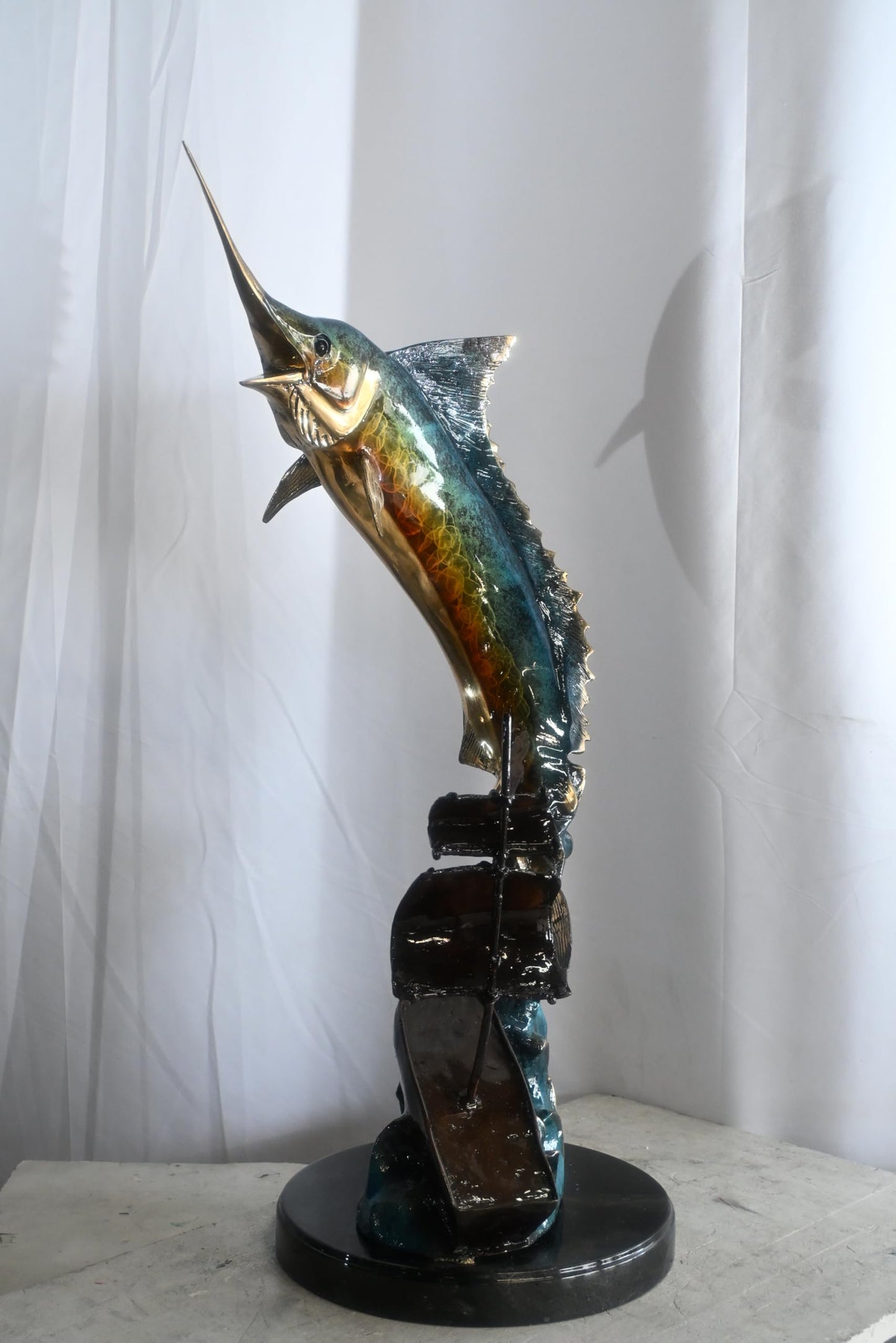 Leaping Marlin with Sailboat Bronze Sculpture 18"x18"x35"H