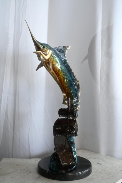 Leaping Marlin with Sailboat Bronze Sculpture 18"x18"x35"H