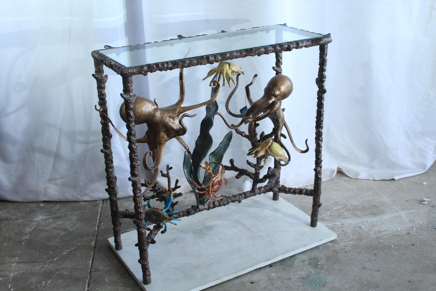 NIFAO Aluminum Octopus Console Table with Glass Top Coastal Art 34" x 15" x 33"H