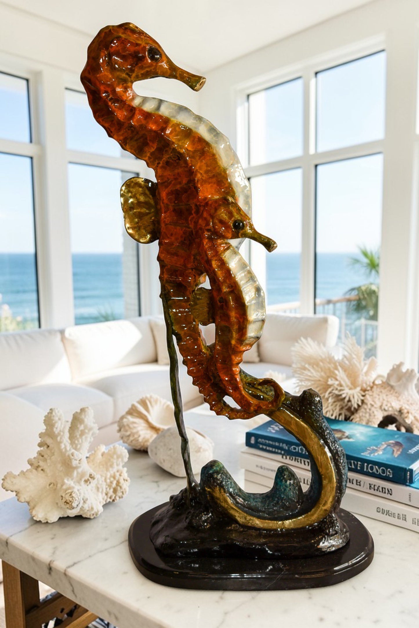 Two Sea Horses Swimming in the Ocean Colored Bronze Statue 13" x 9" x 28"H