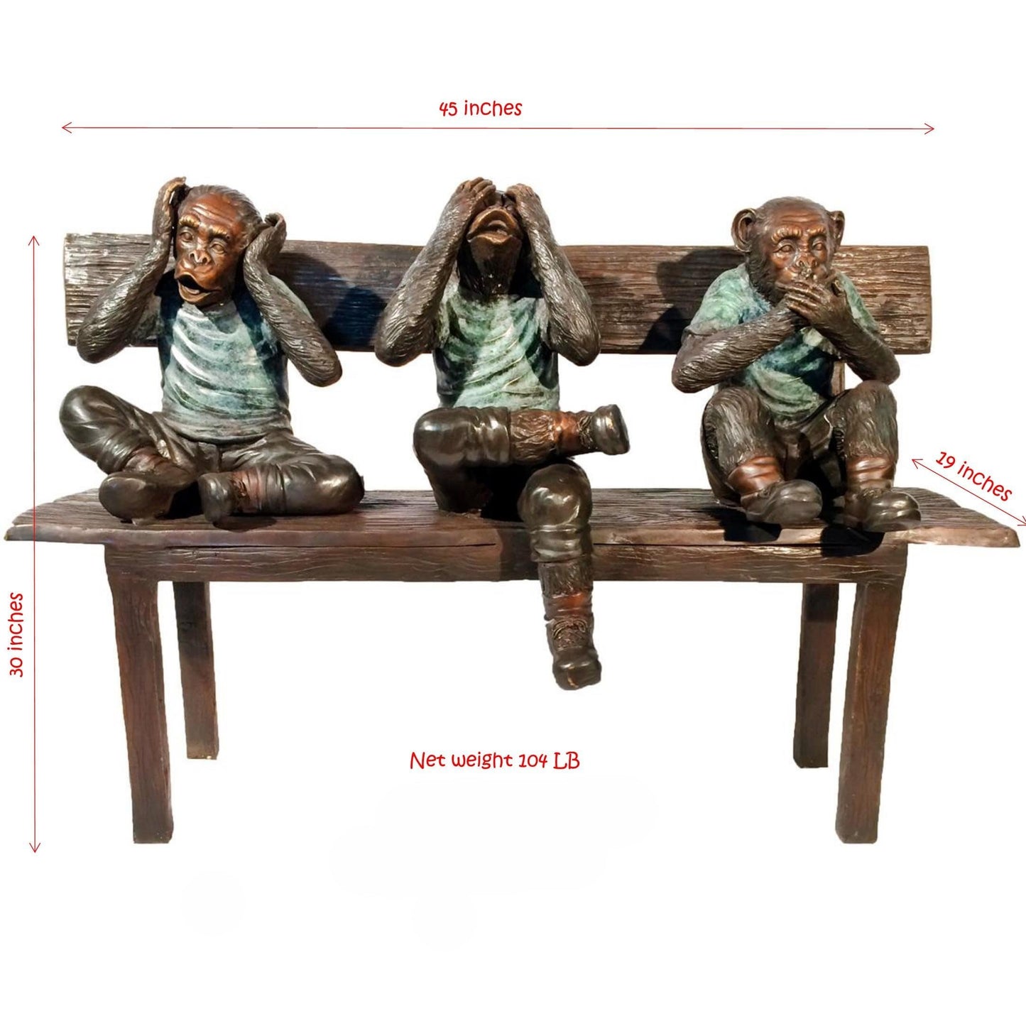 Three Wise Monkeys Bronze Sculpture on Bench Figurine 45"x19"x30"H