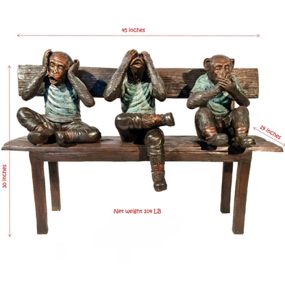 Three Wise Monkeys Bronze Sculpture on Bench Figurine 45"x19"x30"H
