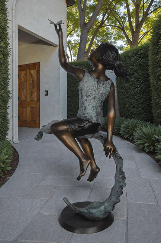 Girl on A Leaf Playing with Butterfly Bronze State -  Size: 27"L x 15"W x 45"H.