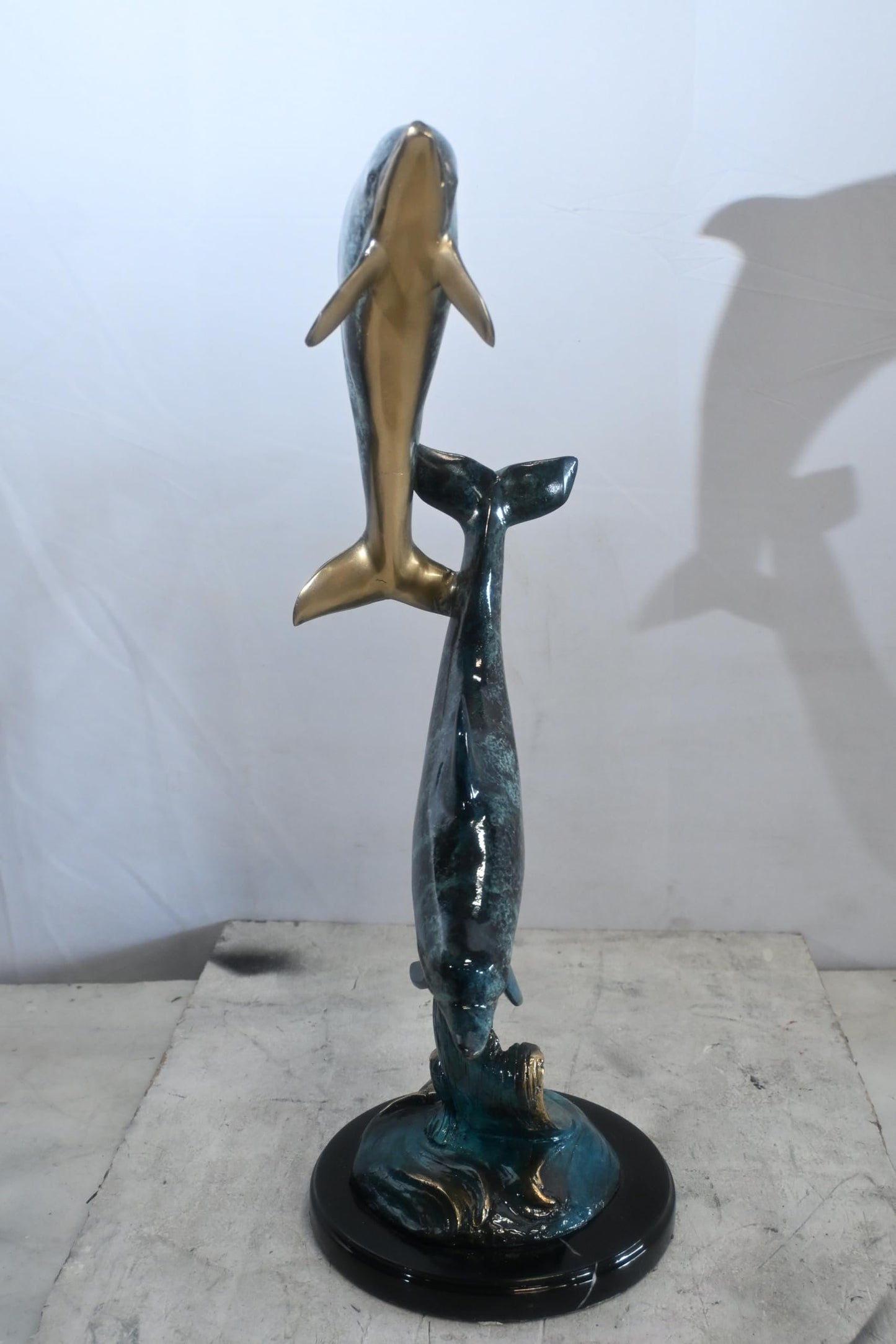 Two Dolphins Bronze Sculpture Leaping Wave Statue 10"x9"x24"H