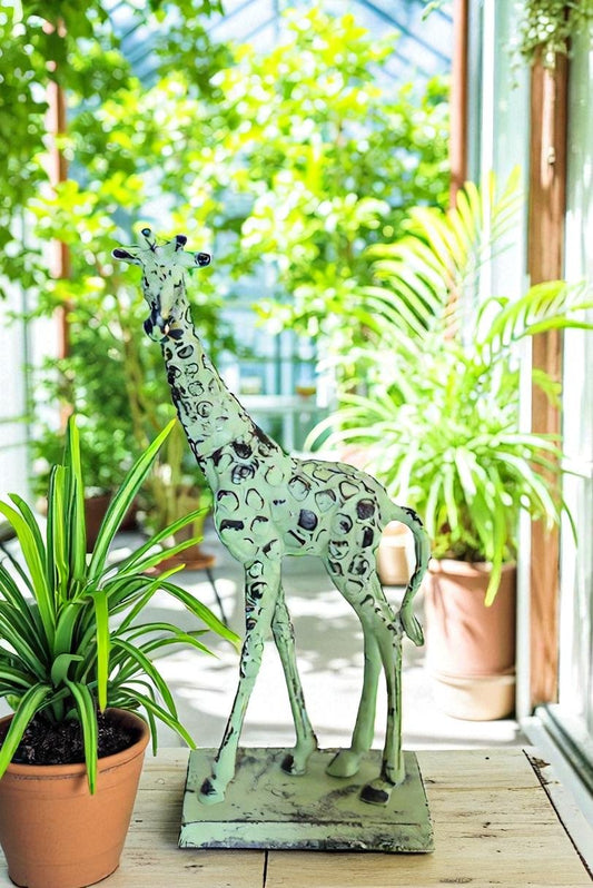 Green Patina Aluminum Statue of a Giraffe Echoing Nature Grace 8" x 4" x 18"H
