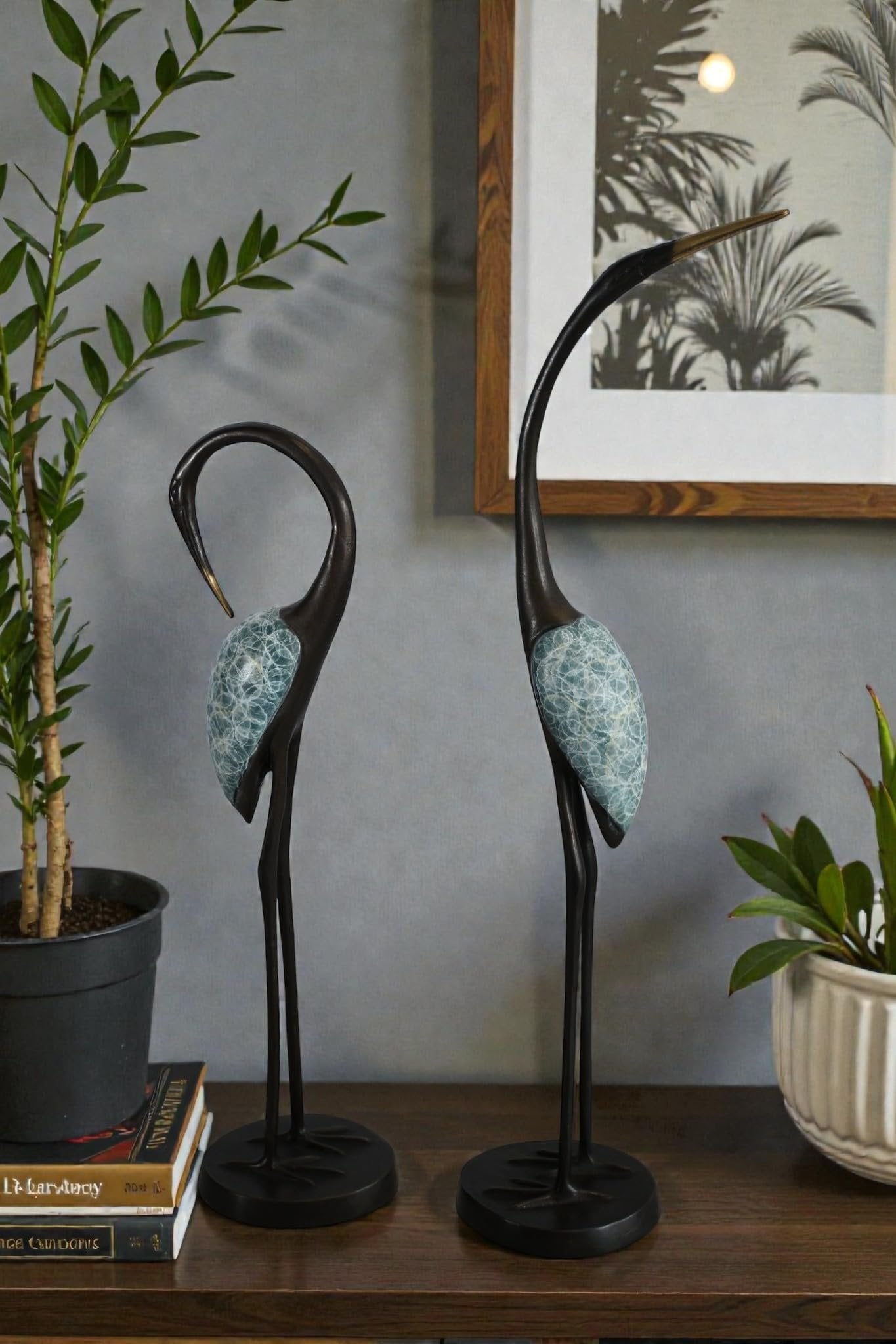 Bronze Crane Pair Statue Set Birds Sculpture Figurines 7"x4"x20"H