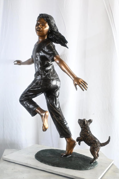 Joyful Barefoot Girl Running with Puppy Bronze Sculpture 49"x16"x51"H