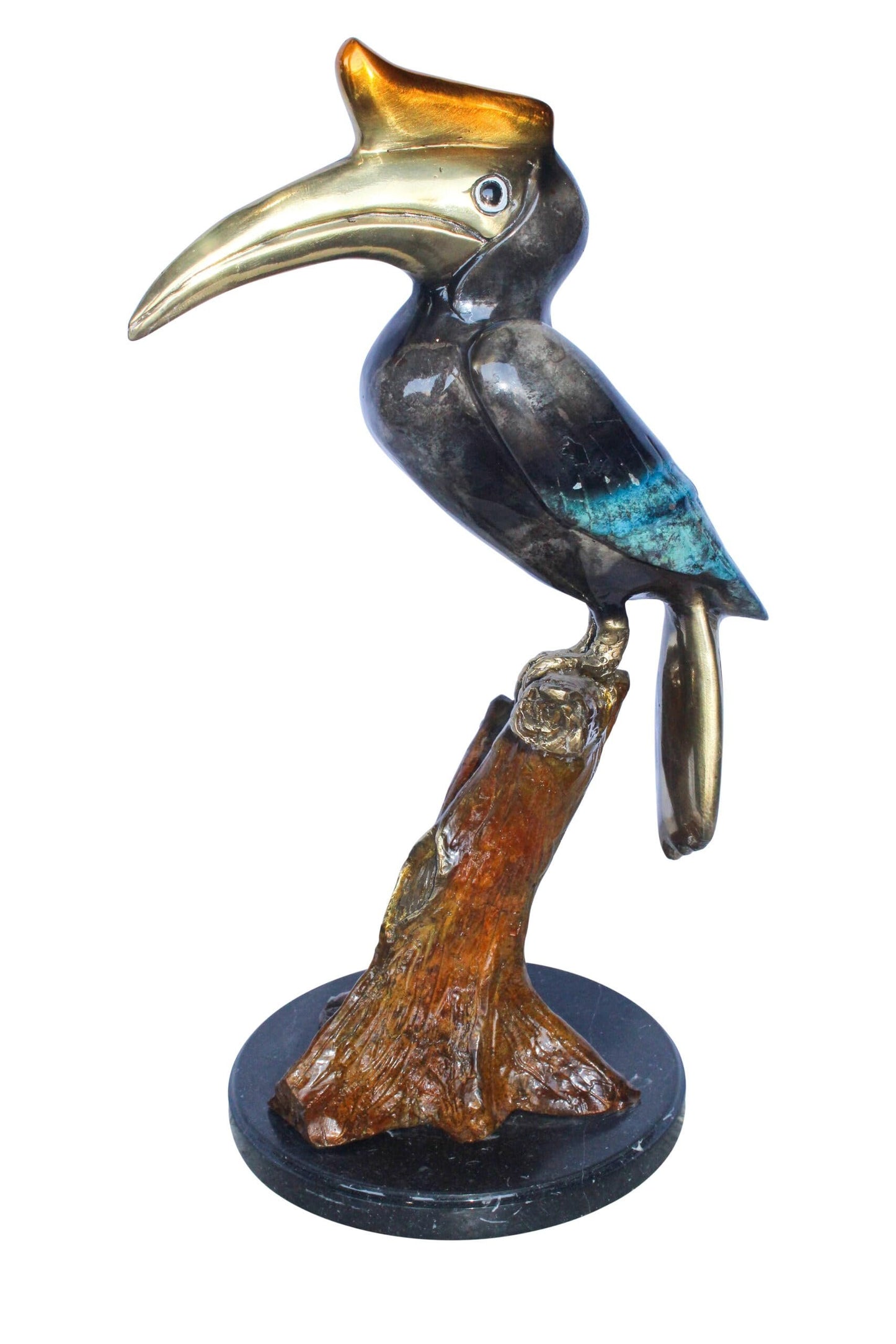 Hornbill Bird on Tree Branch, Colored Bronze Statue 10" x 10" x 22"H