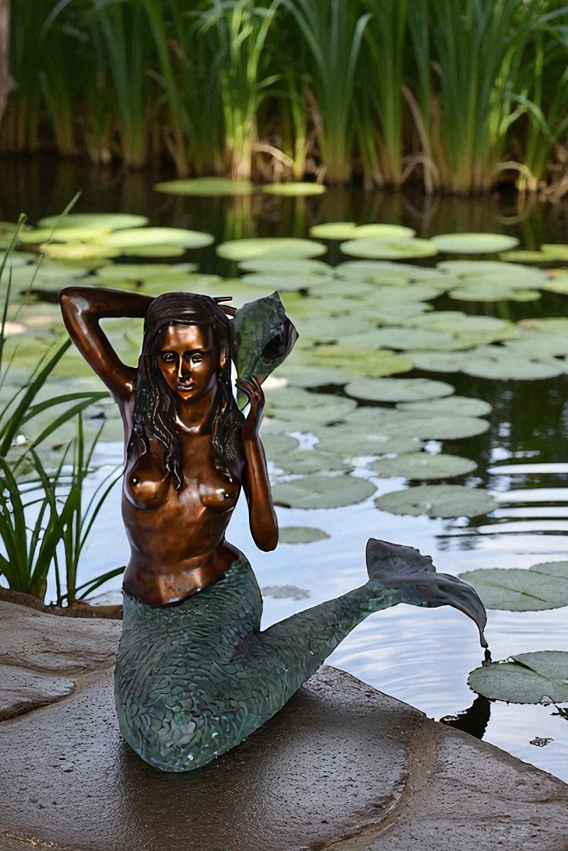Sitting Mermaid Holding A Shell Bronze Statue Fountain Art Nude Size: 21" x 31" x 28"H