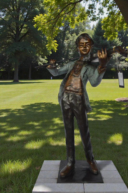 Boy playing violin large bronze statue -  Size: 31"L x 31"W x 50"H.