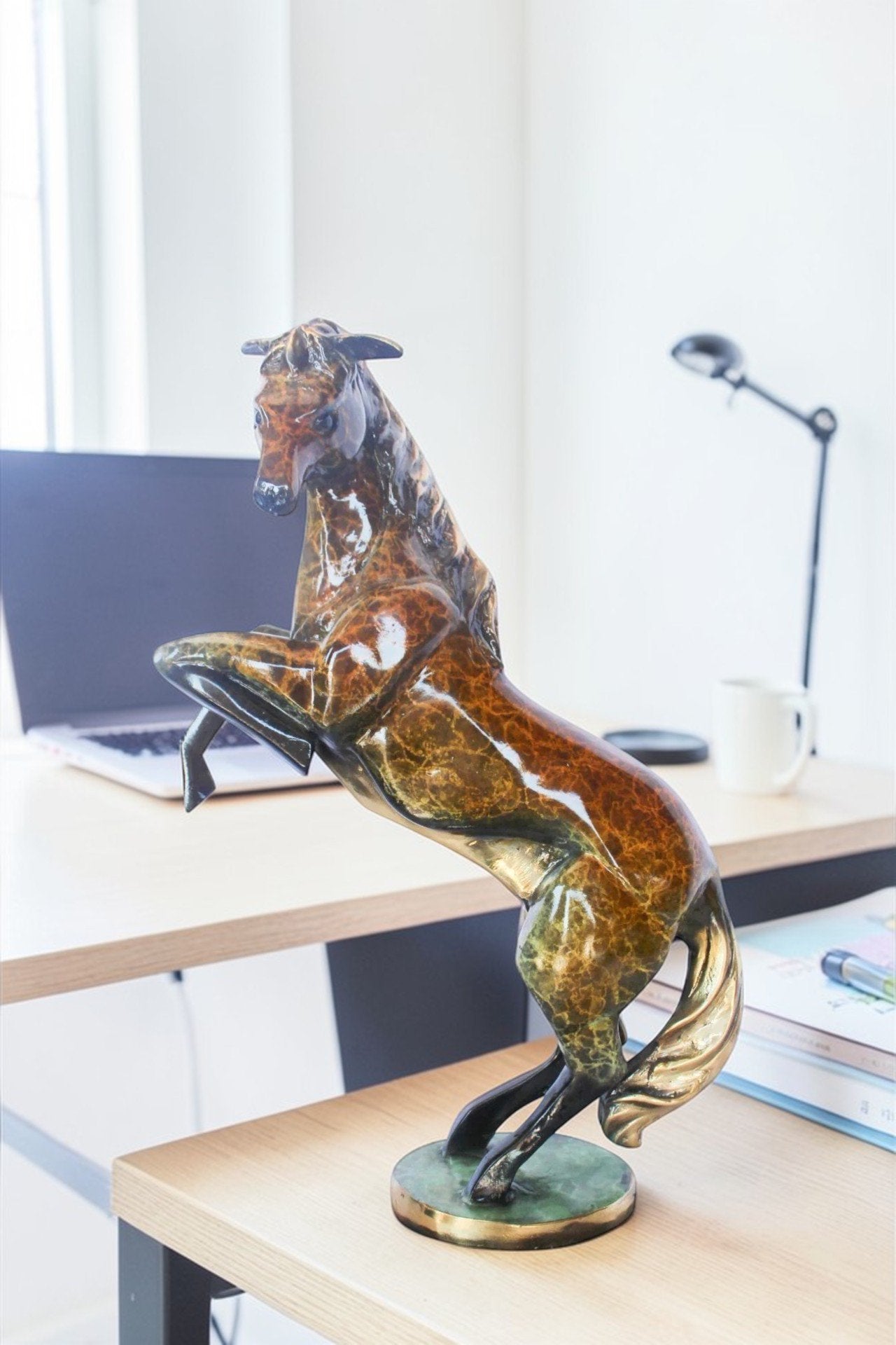 Colored rearing horse bronze statue -  Size: 14"L x 7"W x 21"H.