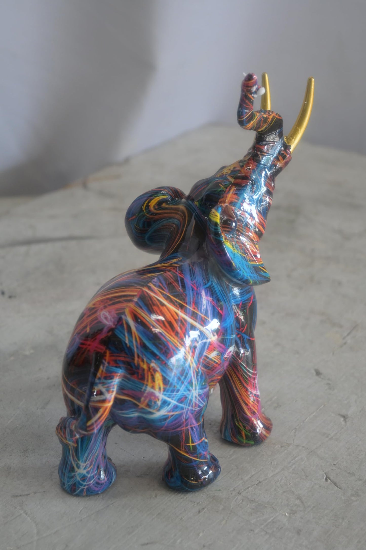 Resin Pop Art Splatter Paint Elephant Sculpture Gold Tusk 7"x3"x8"H
