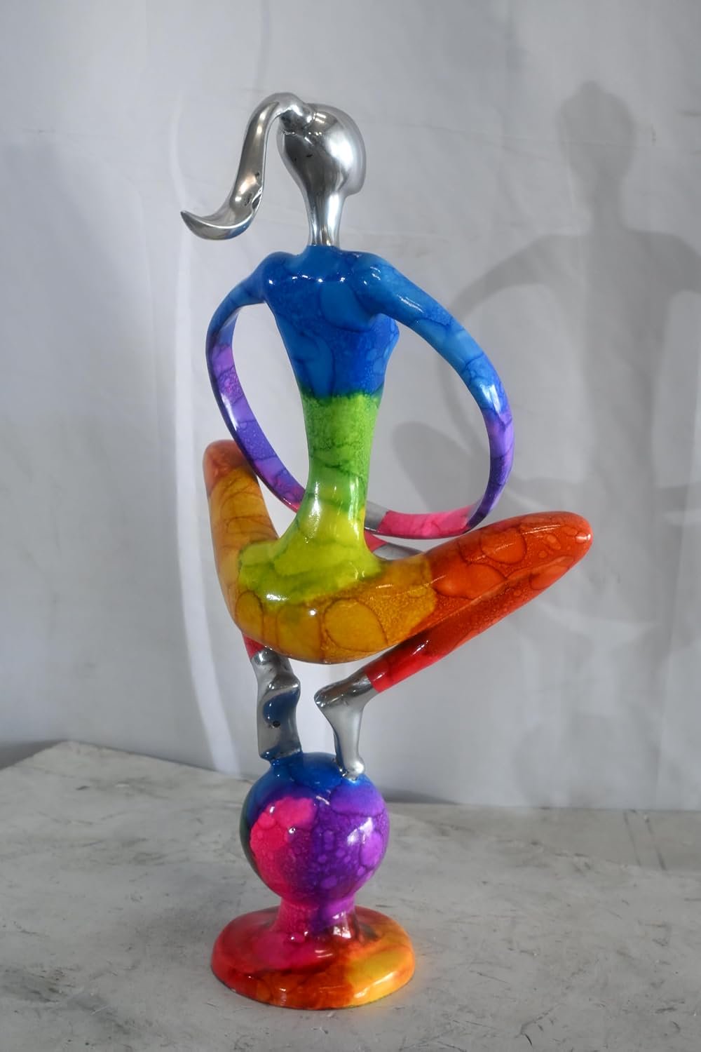 Rainbow Yoga Woman Meditating on Sphere Painted Aluminum 12"x10"x22"H