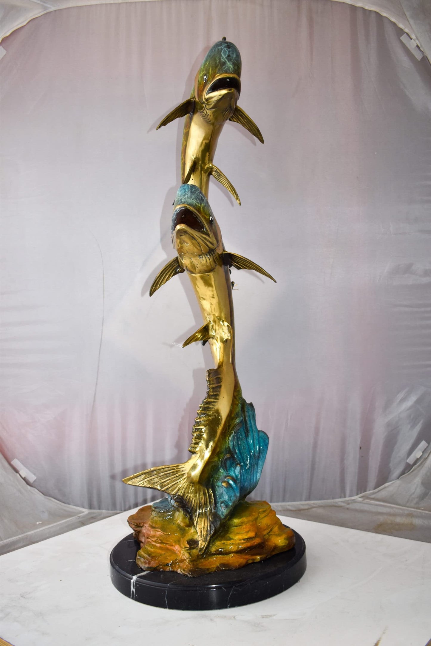 Impressive Pair of Dorado Mahi Mahi Fish Bronze Statue Size: 20" x 18" x 42"H