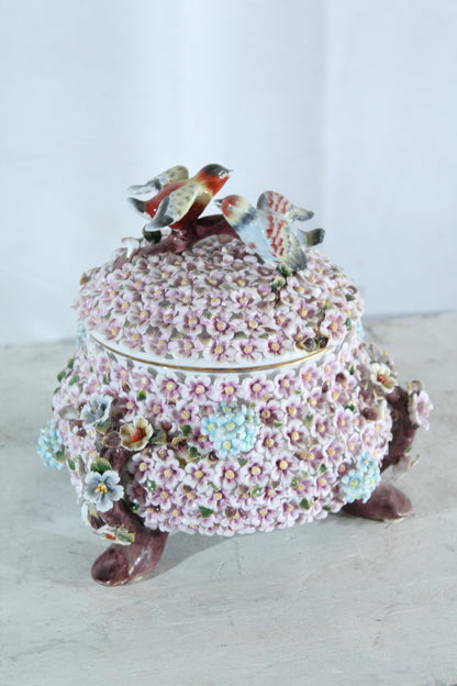 NIFAO Porcelain floral covered box with birds on lid 10"x10"x11"H