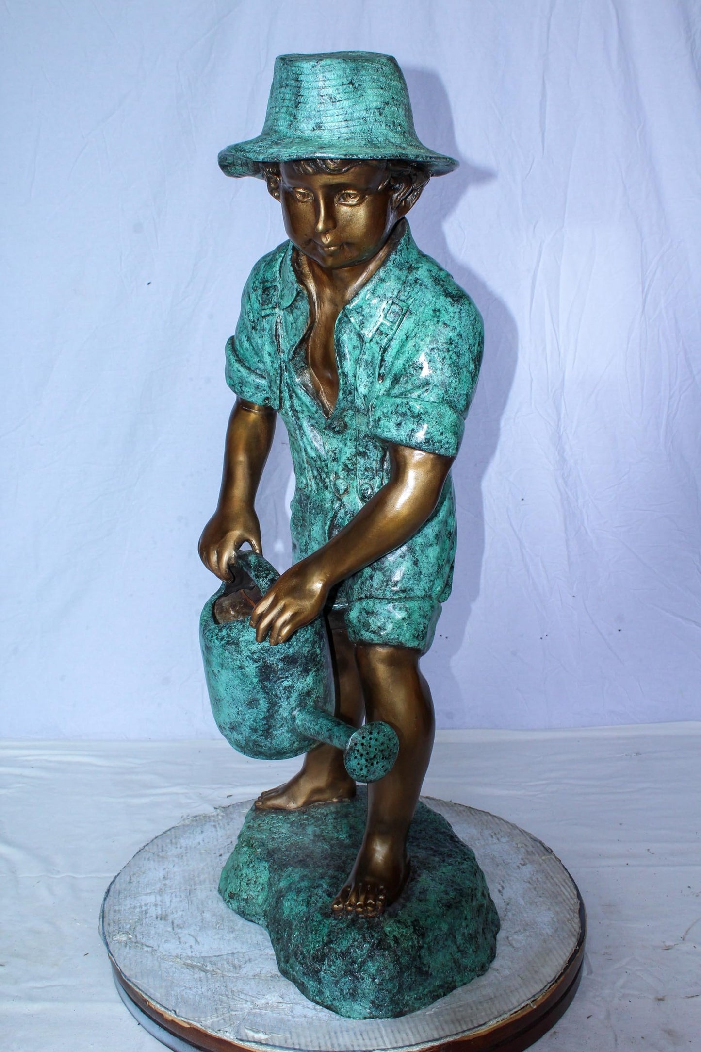 Standing Boy with Watering Can Bronze Statue - Size: 15"L x 15"W x 39"H.