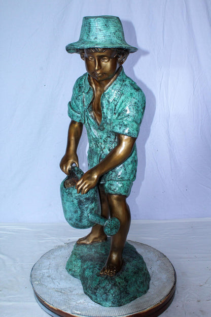 Standing Boy with Watering Can Bronze Statue - Size: 15"L x 15"W x 39"H.