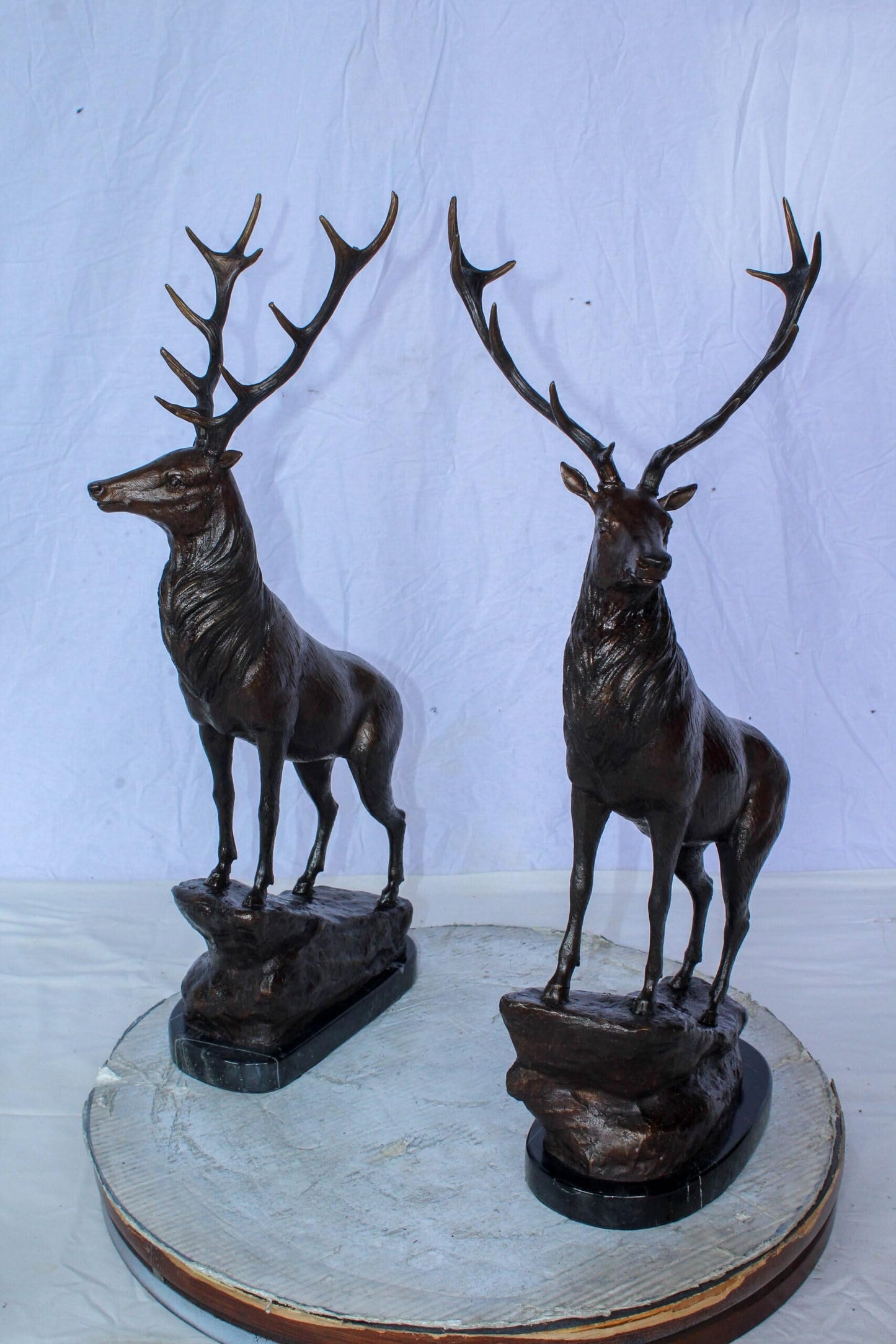 Pair of Bronze Deer Stag Statues Standing on Rock Base 14" x 10" x 28"H