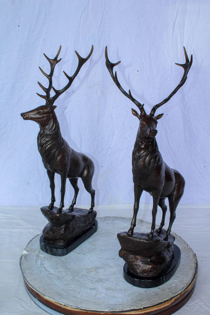 Pair of Bronze Deer Stag Statues Standing on Rock Base 14" x 10" x 28"H