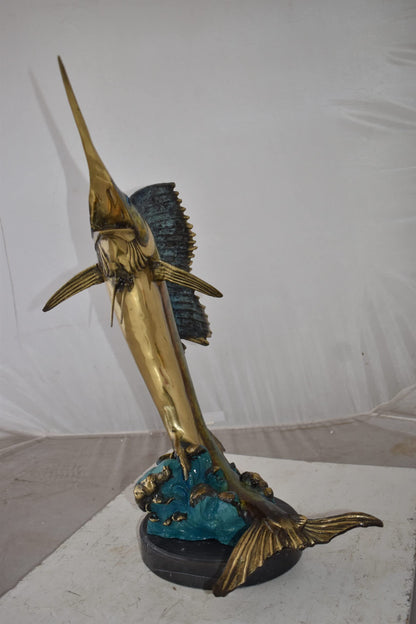 Gold And Blue Sailfish Swimming In Ocean Bronze Statue Size: 18" x 16" x 26"H