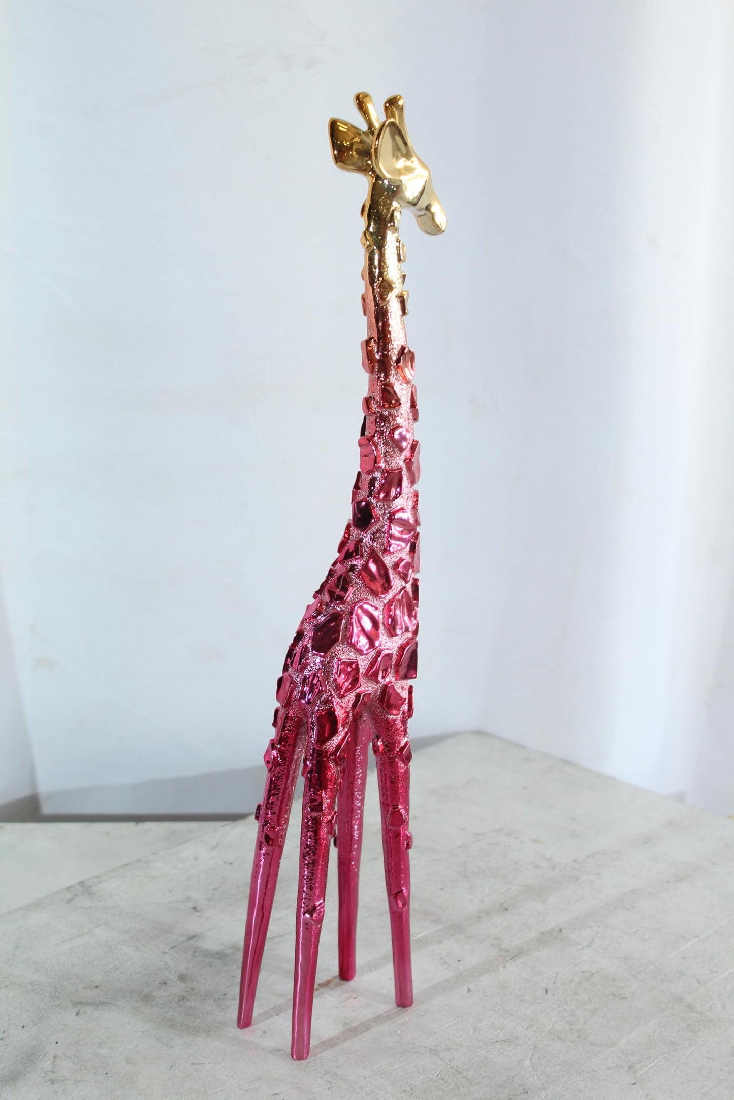 NIFAO Pink Giraffe Sculpture with Gold Chrome Head Modern Resin Decor 4"x6"x30"H