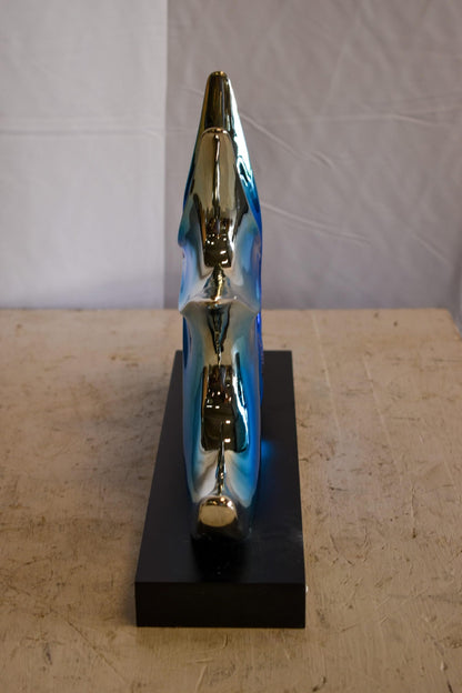 Modern Blue Chrome Sea Urchin Resin Statue on Black Base 17" x 4" x 12"H