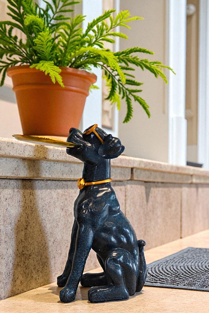 Happy Host Dog Resin Statue with A Tray, Blue Finish 25" x 12" x 31"H