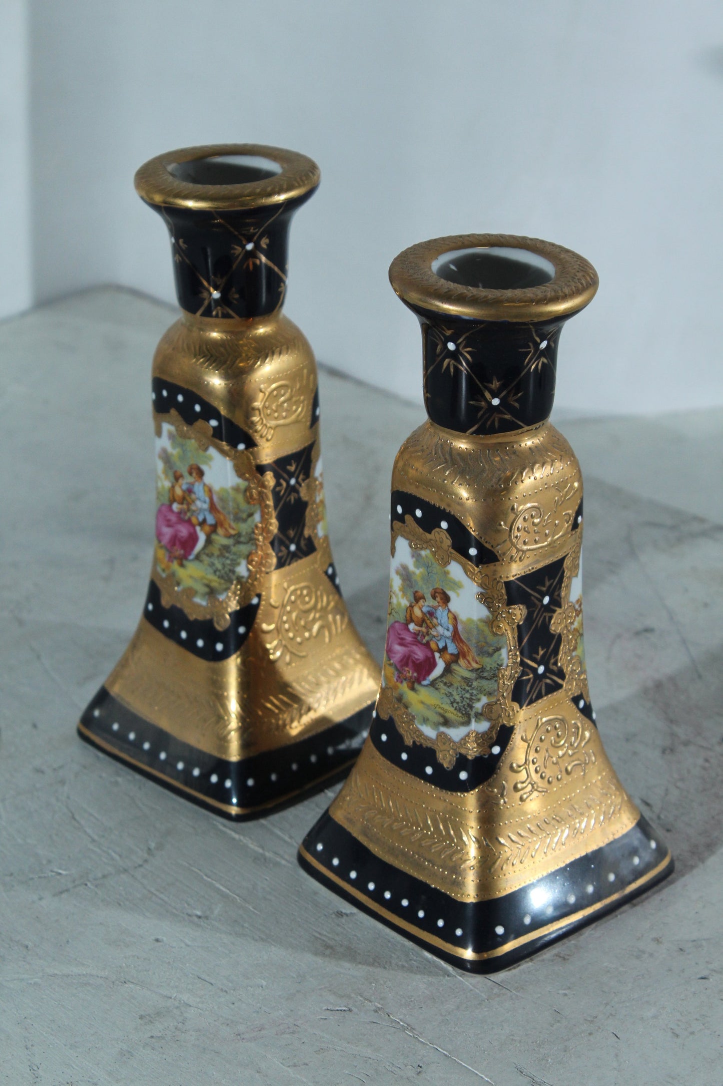 Porcelain Pair Candlestick Holders Black Gold Courting Scene 8"x4"x9"H