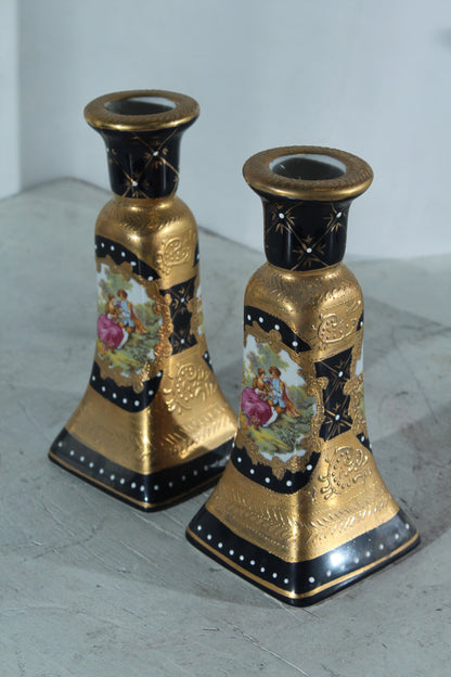 Porcelain Pair Candlestick Holders Black Gold Courting Scene 8"x4"x9"H