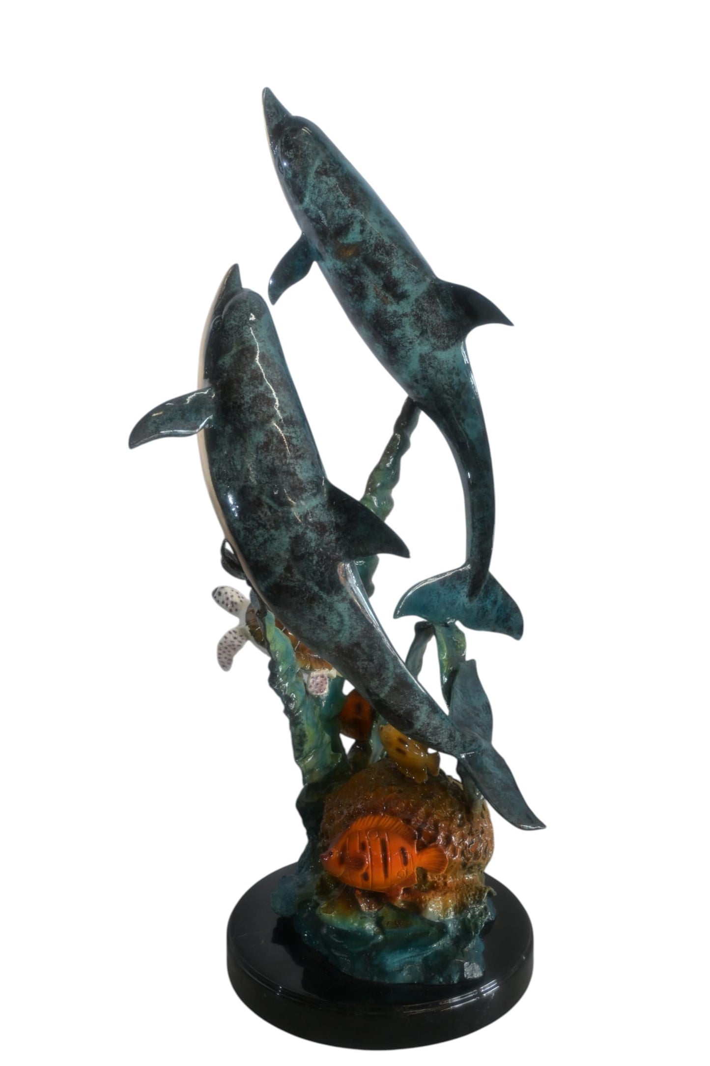 Large Bronze Dolphin Pair Ocean Scene Sculpture Marble Base 15"x18"x33"H