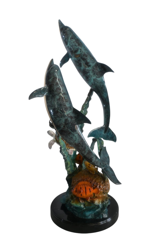 Large Bronze Dolphin Pair Ocean Scene Sculpture Marble Base 15"x18"x33"H